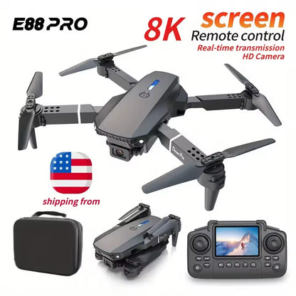 E88 Pro Mini Drone With Screen Control 4K Dual Camera Optical Flow Positioning LED Lighting Remote Control